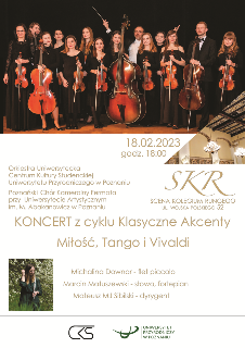 Plakat koncertu z cyklu Klasyczne akcenty, pod tytułem Miłość, Tango i Vivaldi. Oprócz informacji o wydarzeniu, widać na nim elegancko ubranych muzyków klasycznych.