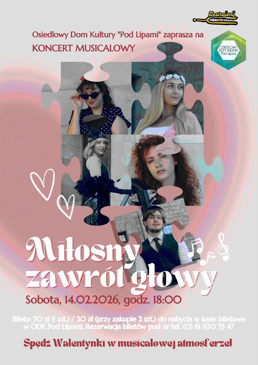 Grafika przedstawia zdjęcia pięciu wykonawców w kostiumach stylizowanych na różne epoki, wpisane w kształty puzzli.