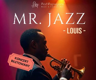 Saksofonista podczas gry, obok napisy informujące o wydarzeniu.