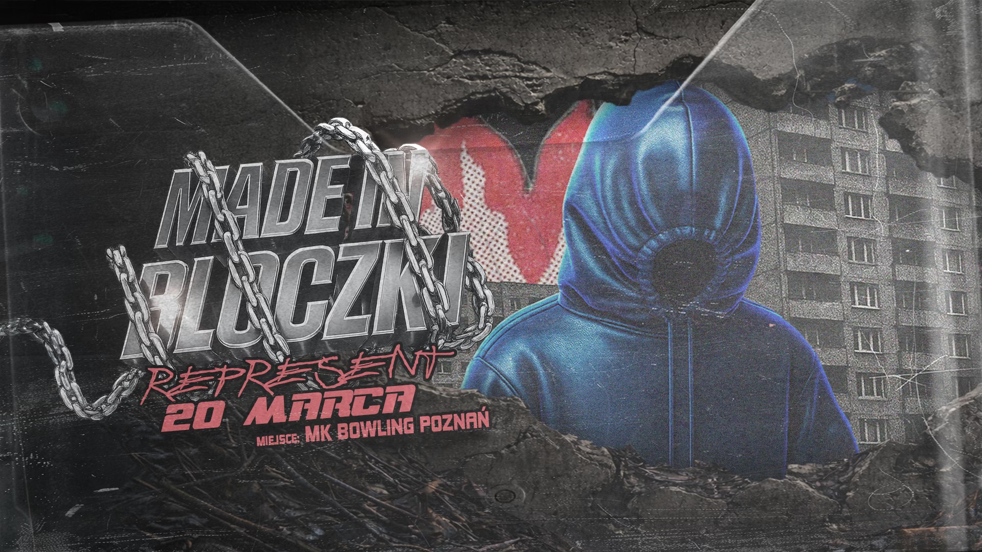 Informacje o koncercie rapera Muchy i gości o tytule Made in bloczki, po prawej rysunek zakapturzonej postaci w niebieskiej bluzie stojącej przed blokiem.