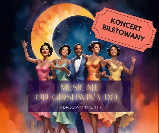 Grafika, na tle wielkiego księżyca i gwieździstego nieba stoi grupa artystów w eleganckich strojach, napisy informujące o wydarzeniu.