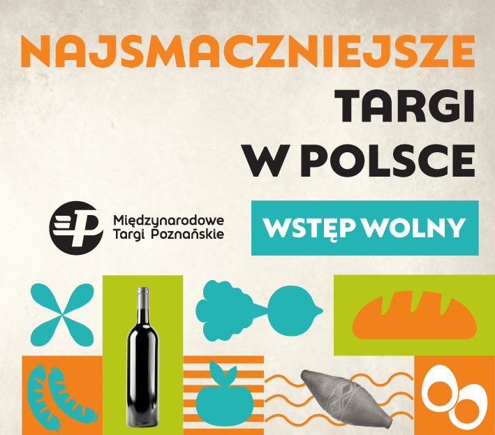 Plakat, kolorowe napisy informujące o wydarzenu, na dole plakatu ikonki związane z jedzeniem, m.in. butelka, burak, chleb, kiełbasa, jabłko, ser, jajko.