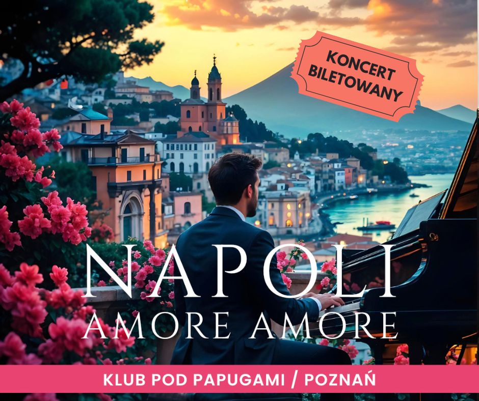 Rysunek włoskiego wybrzeża z kamieniczkami, roślinami. Na pierwszym planie pianista. Napisy informujące o wydarzeniu.