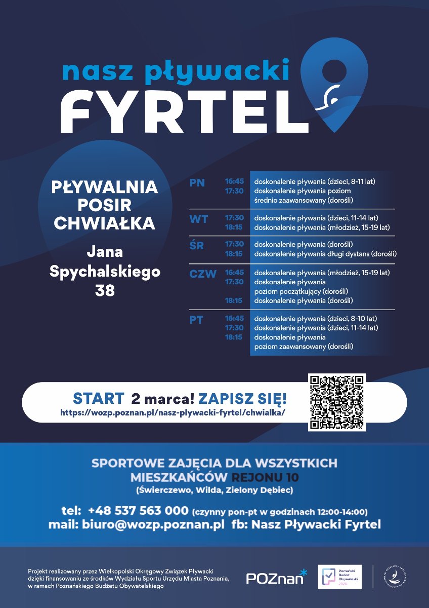 Na plakacie widać harmonogram zajęć oraz QR Code odsyłający do formularza zapisowego na zajęcia. Ponadto widoczne są dane kontaktowe, logo projektu oraz informacja do kogo skierowane są zajęcia.