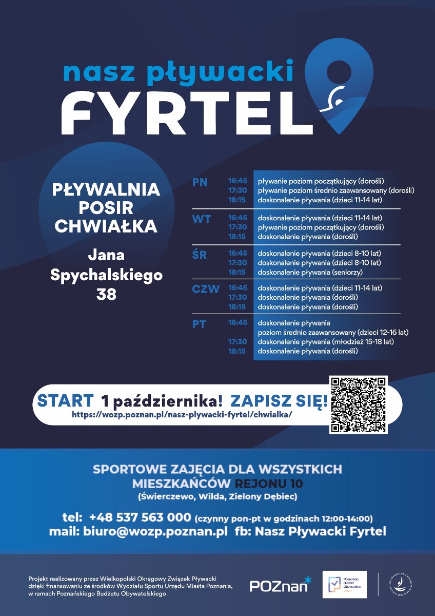 Na plakacie widać harmonogram zajęć oraz QR Code odsyłający do formularza zapisowego na zajęcia. Ponadto widoczne są dane kontaktowe, logo projektu oraz informacja do kogo skierowane są zajęcia.