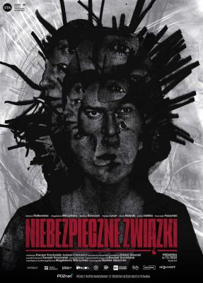 Rysunek przedstawia postać z killkoma twarzami. Pod spodem czerwony napis "Niebezpieczne związki".
