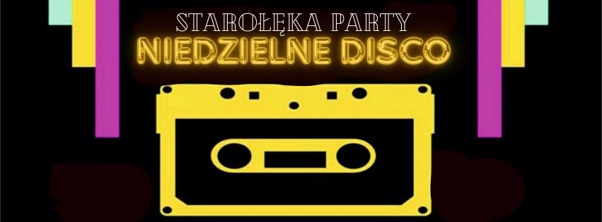 Urządzenie muzyczne na czarnym tle. Na górze znajduje się napis z zaproszeniem na dyskotekę w złotych kolorach.