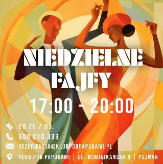 Grafika, para tancerzy uchwycona w tanecznych pozach, za nimi tło sprawiające wrażenie wirującego, napis - wydarzenie biletowane.