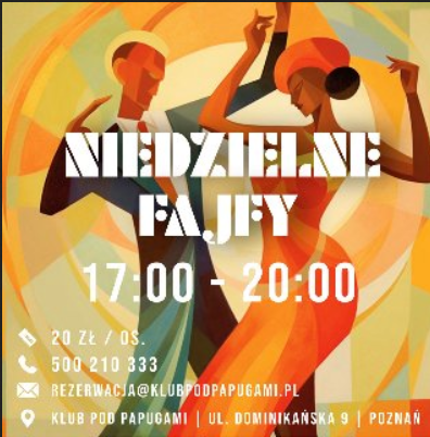 Kolorowa grafika promująca wydarzenie przedstawia tańczącą parę. Kobieta ma na sobie czerwoną sukienkę bez rękawów, a mężczyzna czarno-zielony garnitur i pomarańczową krawat.