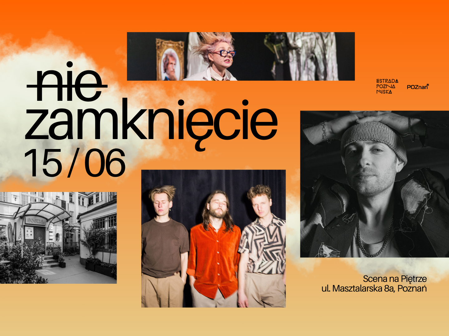 Kilka zdjęć artystów, na pomarańczowym tle. Informacje o wydarzeniu, w którym uczestniczą.