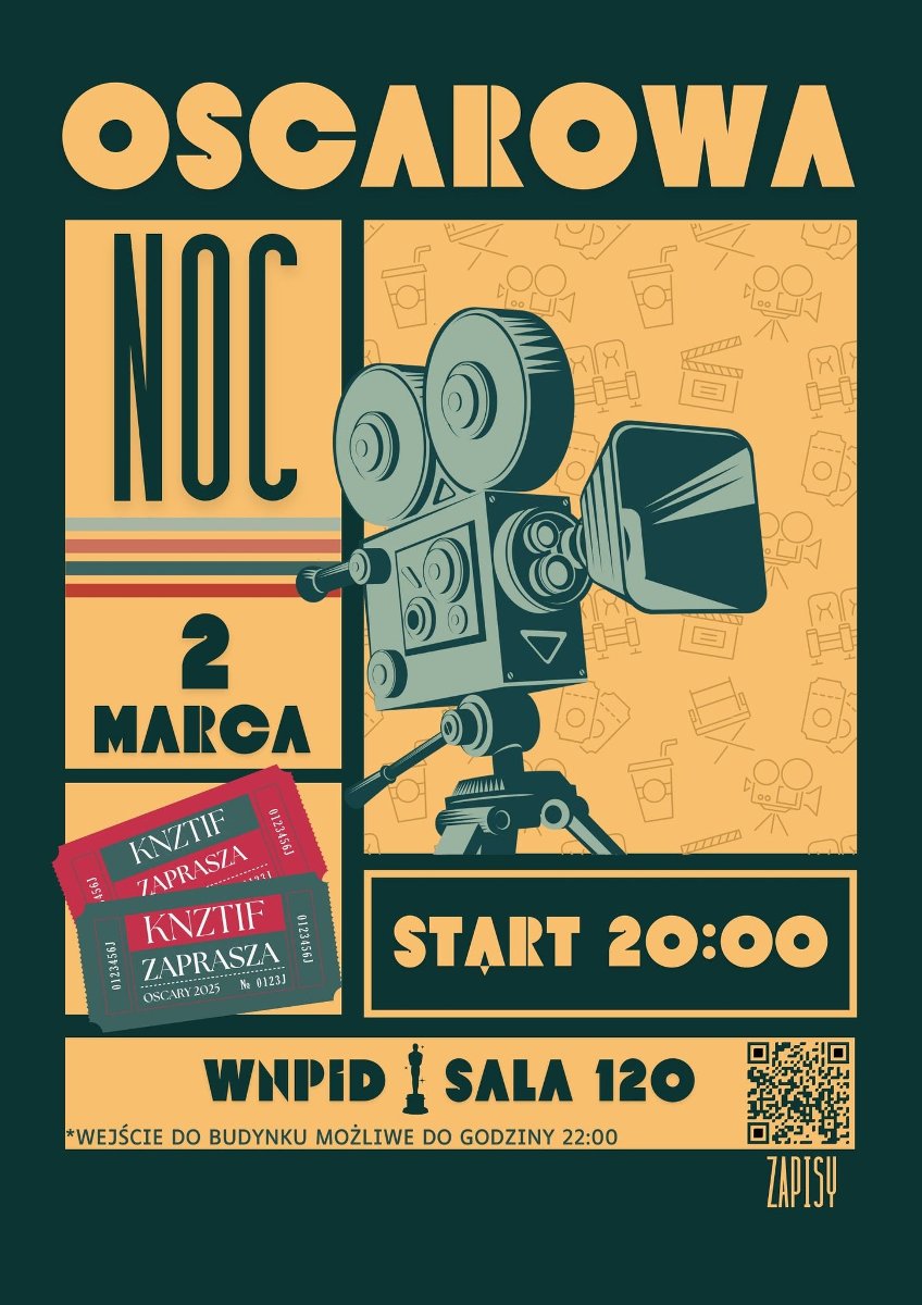 Plakat promujący wydarzenie z elementami kojarzącymi się z kinem. Na nim stara kamera. W tle grafiki przypominające bilety. Informacje z plakatu znajdują się w treści artykułu.