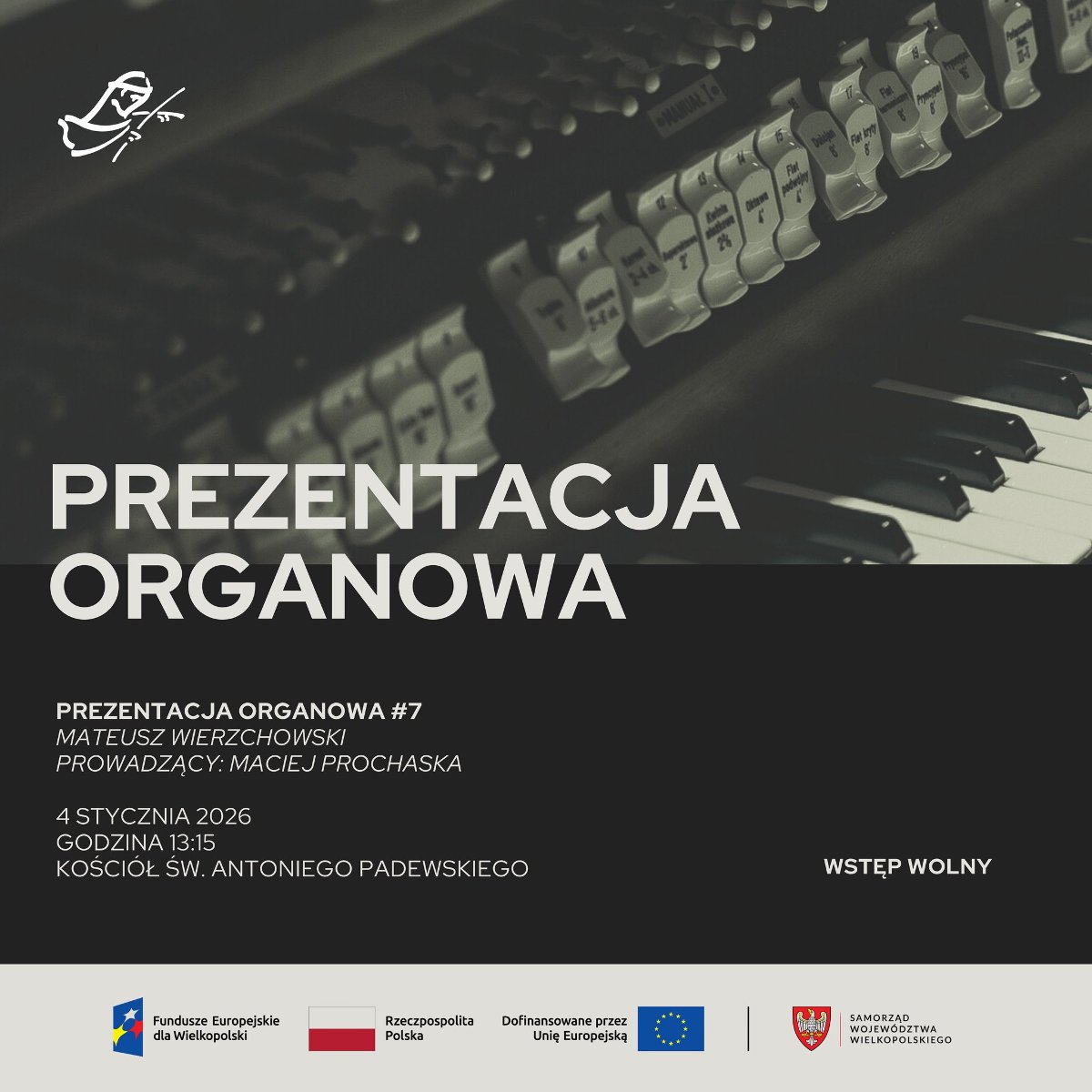 Zdjęcie klawiszy fortepianu. Połowa zdjęcia zakryta czarnym tłem. Na tle napis "prezentacja organowa".