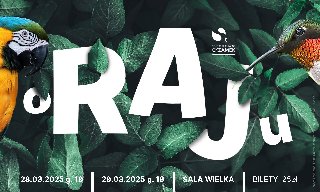 Grafika przedstawia papugi na tle liści i napisy.