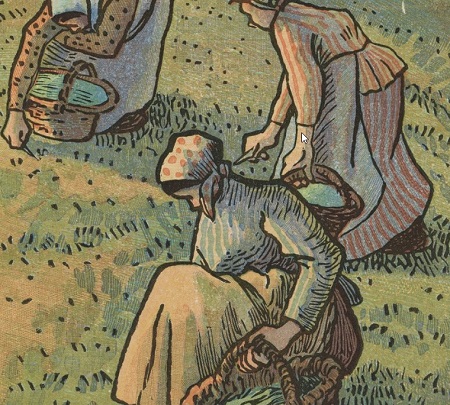 Trzy kobiety pielące trawę. W dłoniach trzymają niewielkie nożyki oraz kosze.