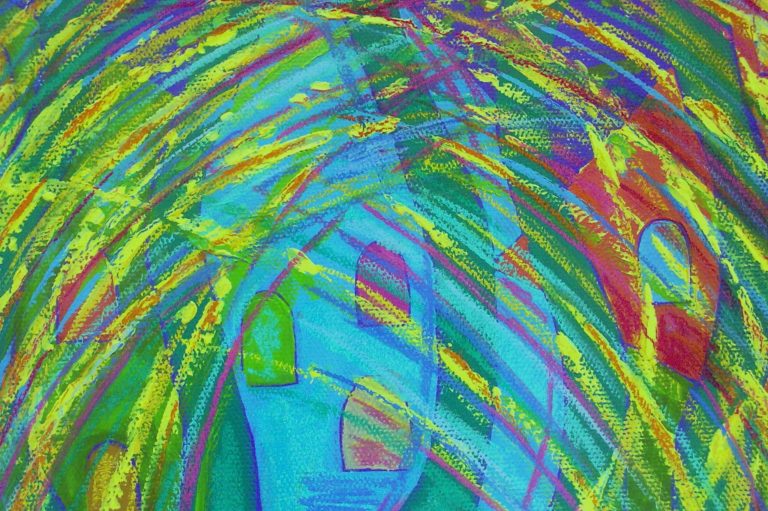 Jeden z obrazów Czerniawskiej. Jaskrawe kolory- zielony, niebieski, żółty, różowy.