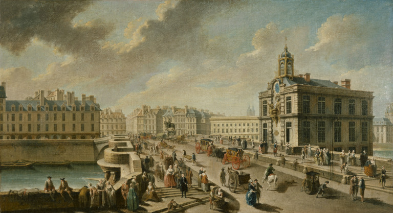 Obraz Nicolas-Jean-Baptiste Raguenet przedstawiający Most Pont-Neuf z budynkiem pompy ":Samarytanki" - widok z bulwaru quai de la Mégisserie,