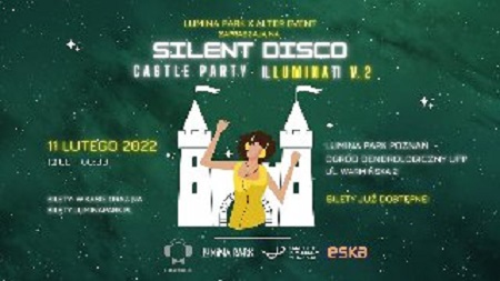 Obrazek przedstawia zarys tańczącej kobiety w słuchawkach na tle zamku