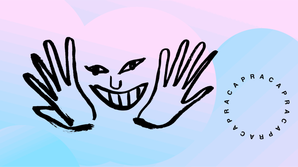 Na różowo-niebieskim tle rysunek postaci, która odkrywa swoją twarz zza dłoni.