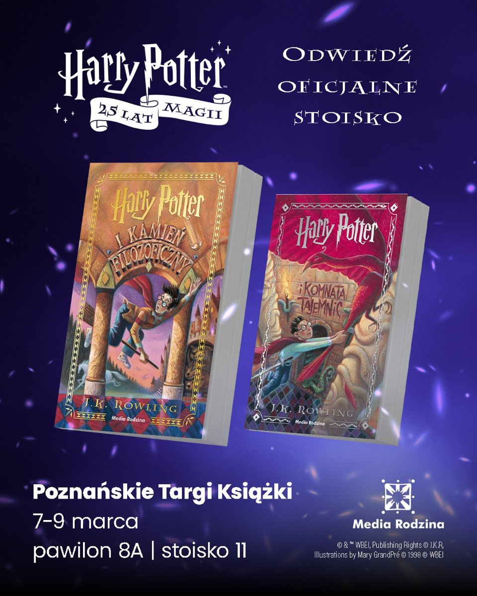 Plakat, który reklamuje oficjalną strefę Harry'ego Pottera, na gwieździstym niebie dwie książki o Harrym Potterze i napisy informujące o wydarzeniu.