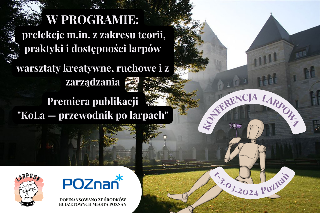 Plakat reklamujący Ogólnopolską Konferencję Larpową KoLa 2024. Widok na Zamek Cesarski, kukiełka i informacje o wydarzeniu.
