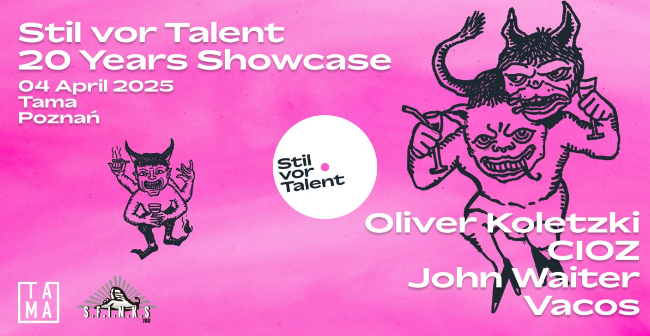 Plakat zespołu Olivier Koletzki i Cioz - 20 lat Stil vor Talent. Na różowym tle rysunki trzech diabłów, obok napisy, które informują o wydarzeniu.