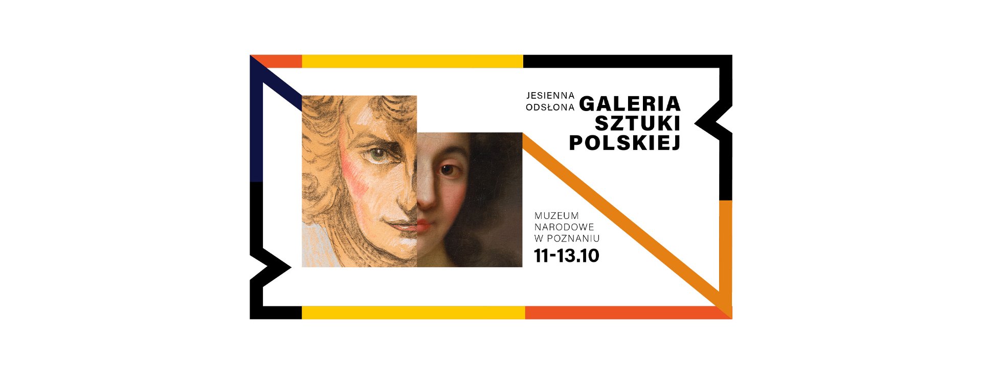 Kolorowa grafika, która przedstawia obrys biletu do muzeum. W nim wpisano połowę dwóch obrazów, które w sumie przedstawiają portret.
