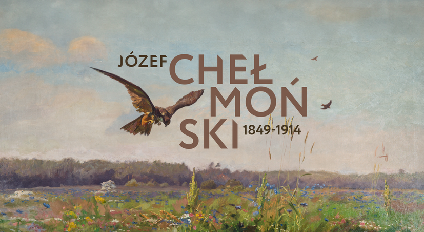Obraz Józefa Chełmońskiego, a na nim napis Józef Chełmoński 1849-1914. Na obrazie łąka z kwiatami a nad nią drapieżny ptak.