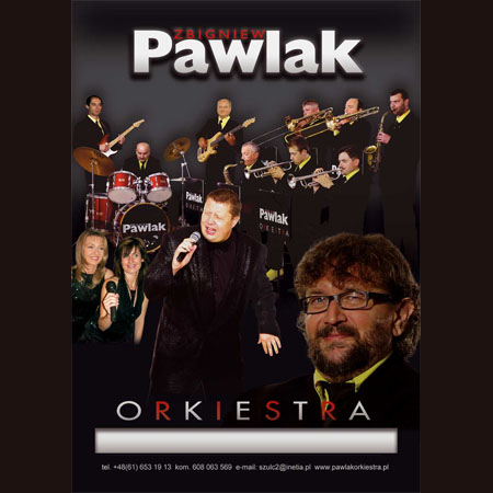 Członkowie orkiestry z instrumentami, wokaliści z mikrofonami. Zbigniew Pawlak w prawym dolnym rogu."Zbigniew Pawlak. Orkiestra"
