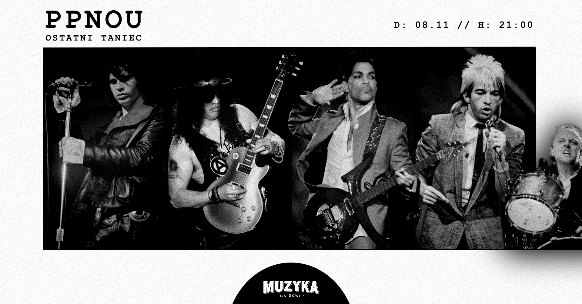 Czarnobiała grafika z pięcioma mężczyznami, którzy są ikonami rocka. Mają przy sobie mikrofony lub gitary.