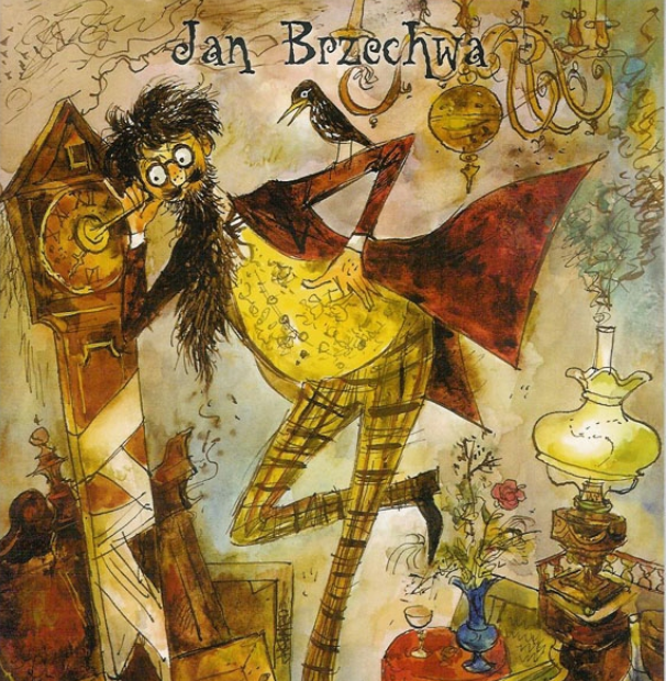 Rysunek bajkowej postaci Pana Kleksa, w jego gabinecie wypełnionym różnymi sprzętami.