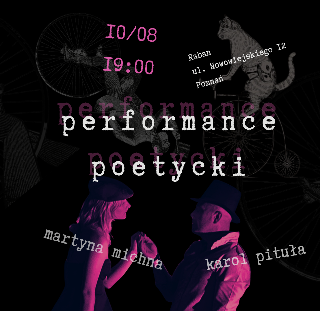 Bardzo ciemny plakat, z którego wyłaniają się dwie postacie, odbijający się napis Performance poetycki.