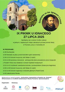 Plakat reklamujący Piknik u Ignacego. Wgórnej części dwa zdjęcia: budynku Kościoła i wizerunek świętego Ignacego. W dolnej części napisy informujące o wydarzeniu.