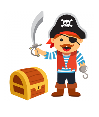 Piart z hakiem w ręce, a w drugiej z szabelką. Na głowie ma czapkę, a na jednym oku przepaskę. Obok niego stoi skrzynia skarbów.