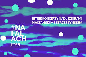 błekitno-fioletowe fale i małe białe i zielone koła. Na tle fal białe napisy,