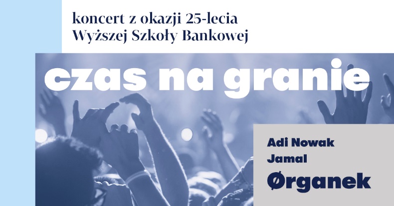Plakat wydarzenia. Dłonie widów uniesione w góre. Tło w odcieniach niebieskiego, Na szarym tle granatowe napisy.
