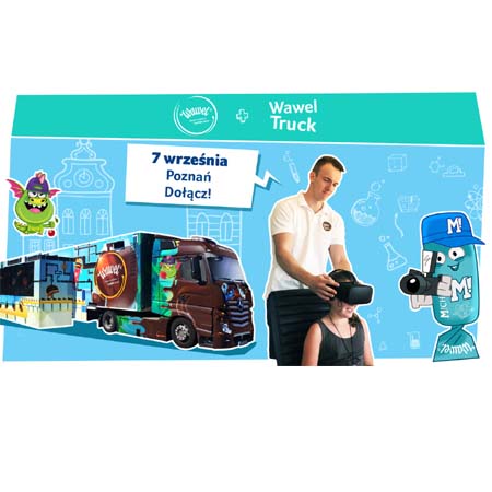 Interaktywny czekoladowy autobus na niebieskim tle