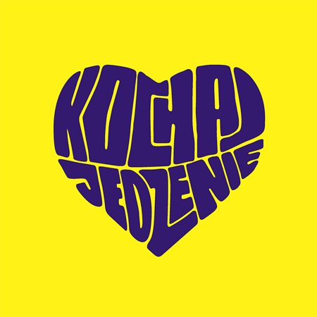 Niebieski napis "Kocha jedzenie" w kształcie serca