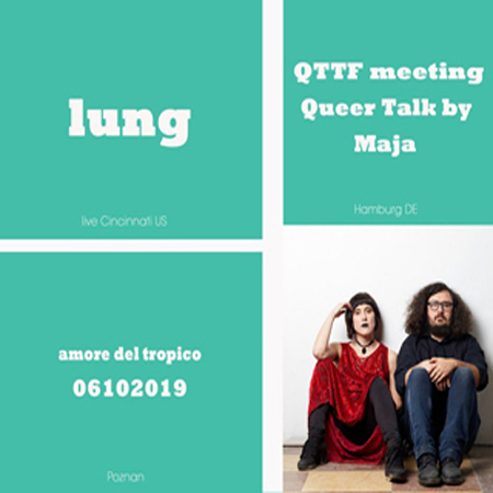 Zdjęcie członków zespołu plus białe napisy na turkusowym tle