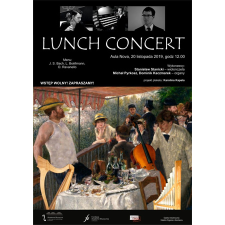 Plakat wydarzenia: tars, nakryty stół, rozmawiający ludzie, kobieta opiera sie o balustradę