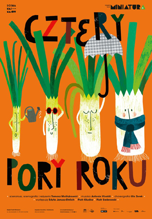 Plakat wydarzenia - cztery warzywa - pory - na pomarańczowym tle, czarne napisy