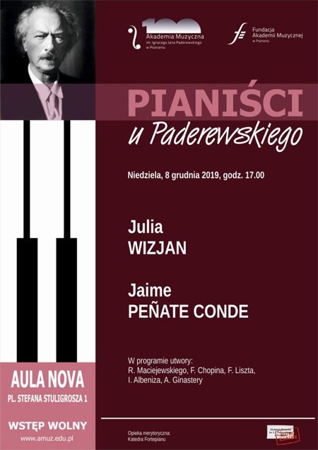 Plakat wydarzenia: u góry zdjęcie Paderewskiego, ponizej klawiszefortepianowe. Po prawej stronie tekst.