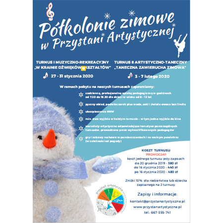 Plakat wydarzenia: Bałwan w czapce i szaliku. Na górze małe: klucz wiolinowy i baletnica.