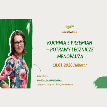 Zielone napisy na jasnym tle i zdjęcie prowadzacej
