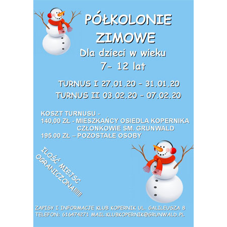 Plakat wydarzenia: Na niebieskim tle białe napisy, w 2 przeciwnych rogach bałwanki.
