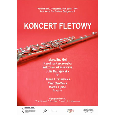 Plakat wydarzenia: czerwone tło, na srodku flet. Na górze i na dole napisy.
