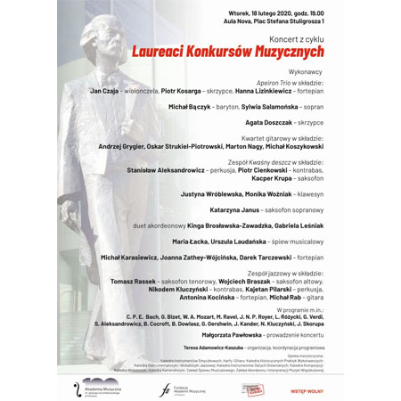 Plakat wydarzenia: Informacje o koncercie na tle pomnika Paderewskiego.