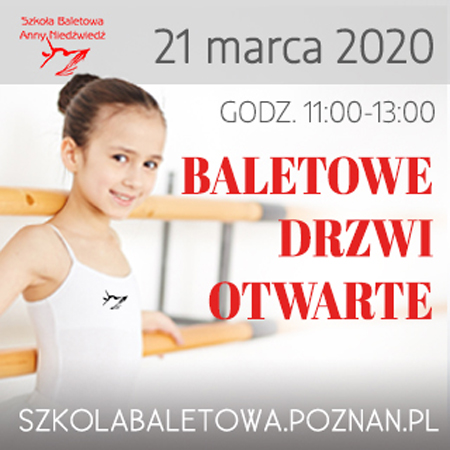Plakat wydarzenia ze zdjęciem dziewczynki w stroju baletowym przy barierce