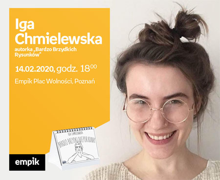 Plakat wydarzenia: po prawej stronie Iga Chmielewska, po lewej tekst informacyjny.