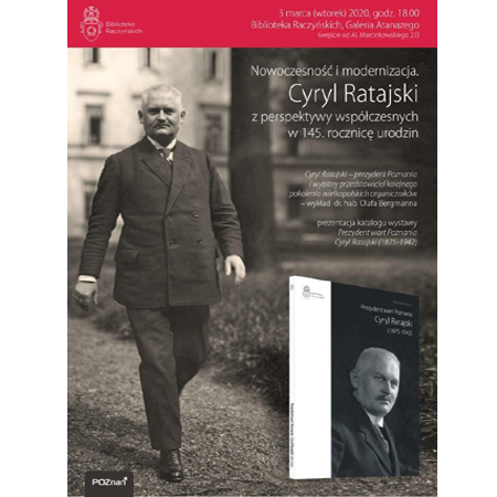 Zdjęcie Ratajskiego, po prawej okładka katalogu wystawy, nad nią napisy