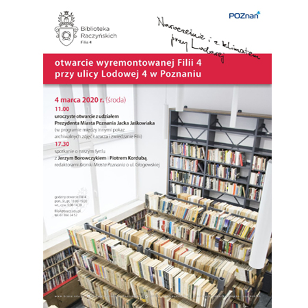 Wnętrze Biblioteki - zdjęcie z góry, napisy informujące o wydarzeniu